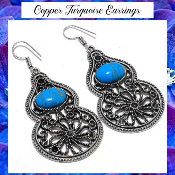 Copper Turquoise Handmade Tibetan Silver Earrings - Picture 1 of 2